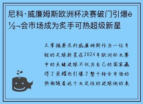 尼科·威廉姆斯欧洲杯决赛破门引爆转会市场成为炙手可热超级新星
